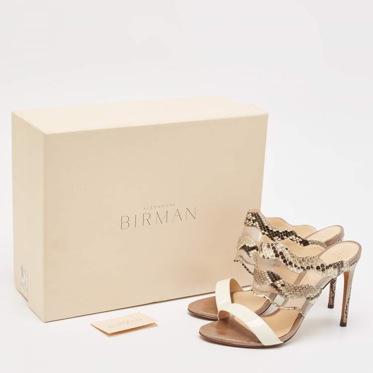 Pre Owned Alexandre Birman Beige/Brown Patent Leather And Python Open Toe Slide Sandals Size 37
