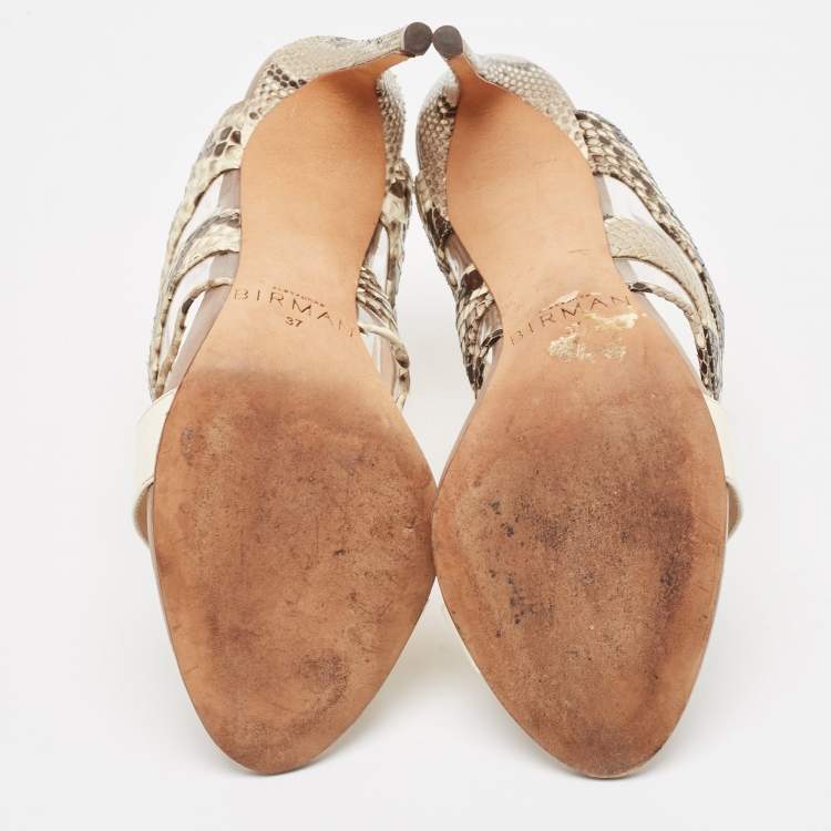 Pre Owned Alexandre Birman Beige/Brown Patent Leather And Python Open Toe Slide Sandals Size 37