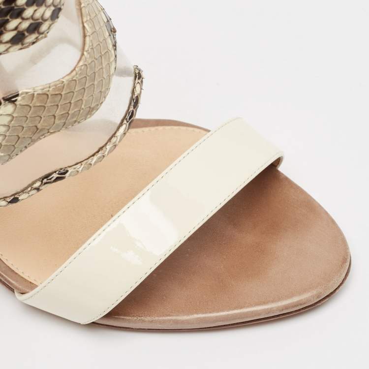 Pre Owned Alexandre Birman Beige/Brown Patent Leather And Python Open Toe Slide Sandals Size 37