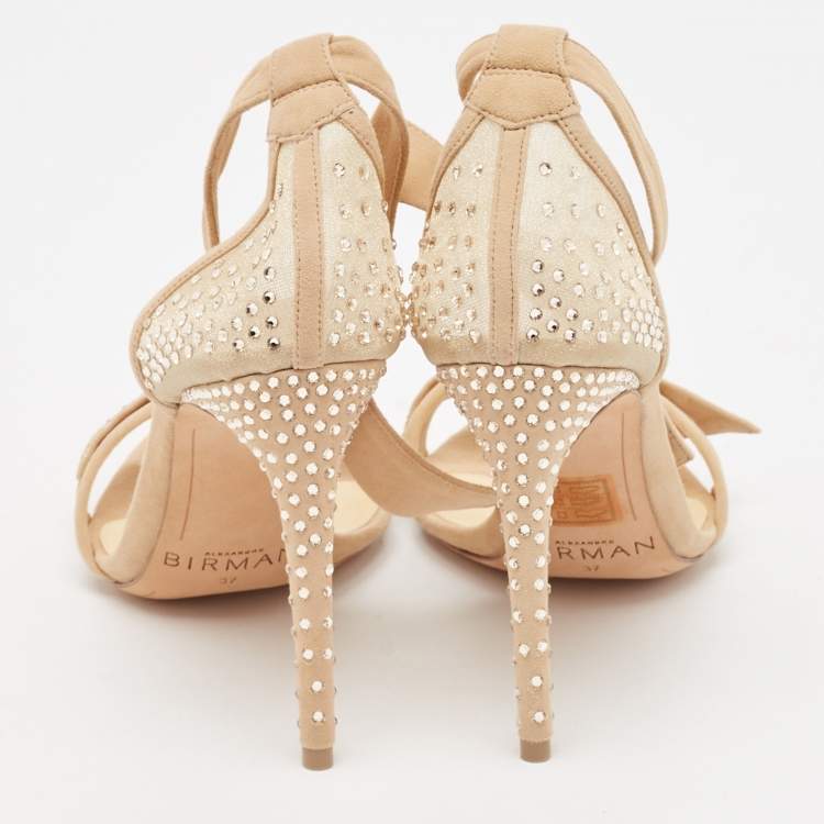 Pre Owned Alexandre Birman Beige Mesh and Suede Embellished Clarita Sandals Size 37