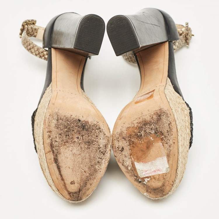 Pre Owned Alexandre Birman Black/Beige Leather and Python Leather Ankle Strap Sandals Size 36