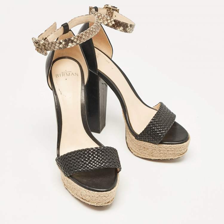 Pre Owned Alexandre Birman Black/Beige Leather and Python Leather Ankle Strap Sandals Size 36