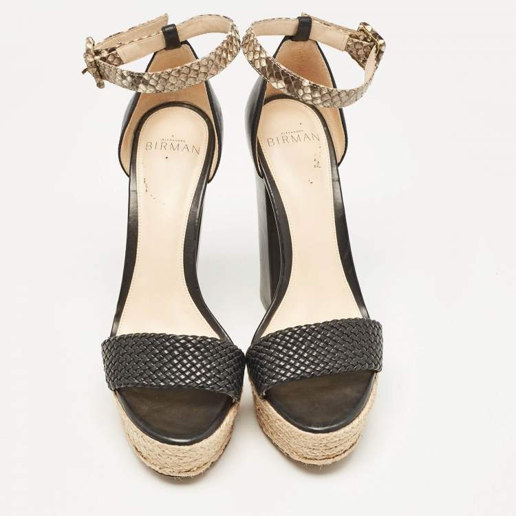 Pre Owned Alexandre Birman Black/Beige Leather and Python Leather Ankle Strap Sandals Size 36
