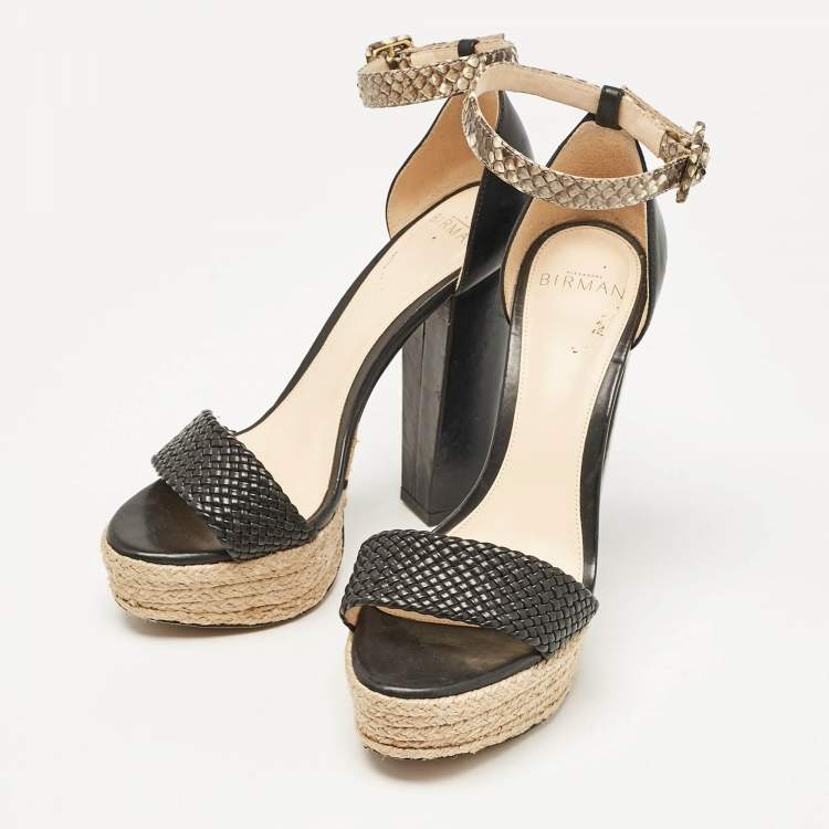 Pre Owned Alexandre Birman Black/Beige Leather and Python Leather Ankle Strap Sandals Size 36