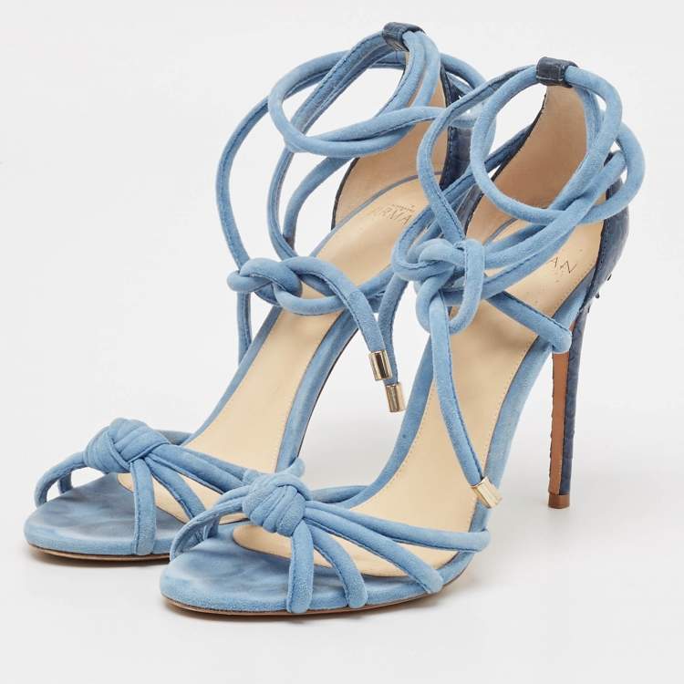 Pre Owned Alexandre Birman Blue Python and Suede Ankle Wrap Sandals Size 37.5