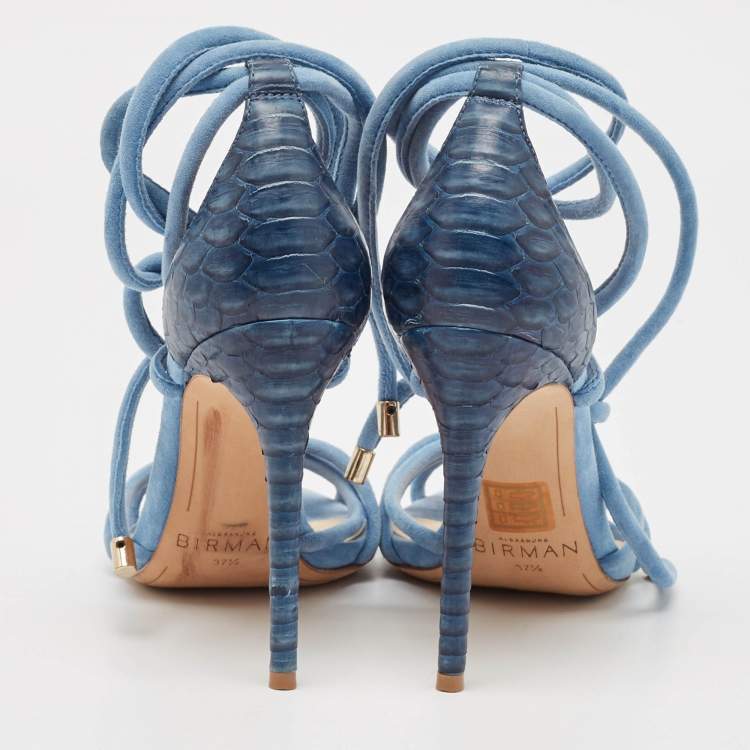Pre Owned Alexandre Birman Blue Python and Suede Ankle Wrap Sandals Size 37.5