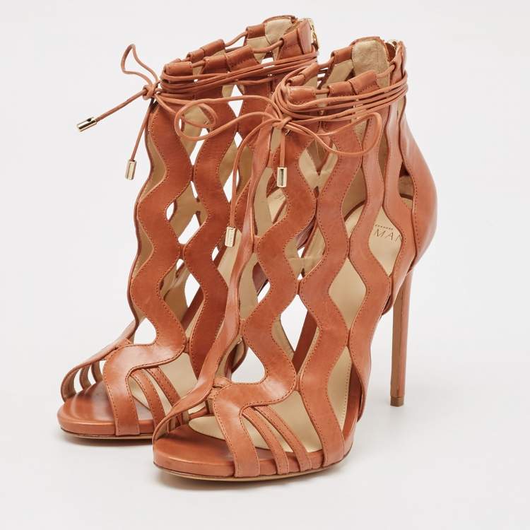 Pre Owned Alexandre Birman Brown Cut-Out Leather Loretta Cage Ankle Boots Size 37
