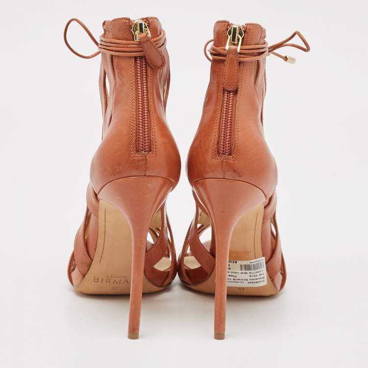 Pre Owned Alexandre Birman Brown Cut-Out Leather Loretta Cage Ankle Boots Size 37