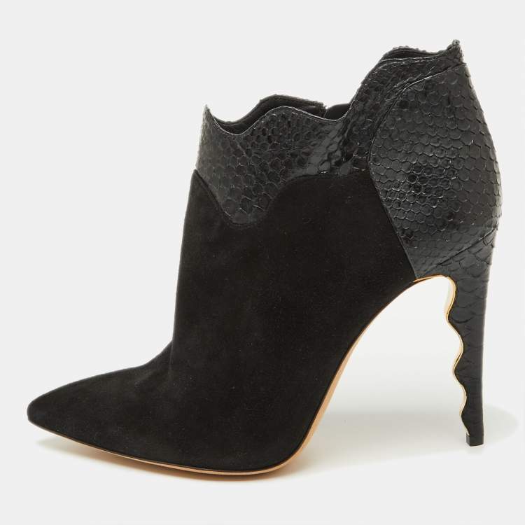 Pre Owned Alexander Birman Black Suede and Python Pointed Toe Ankle Booties Size 41