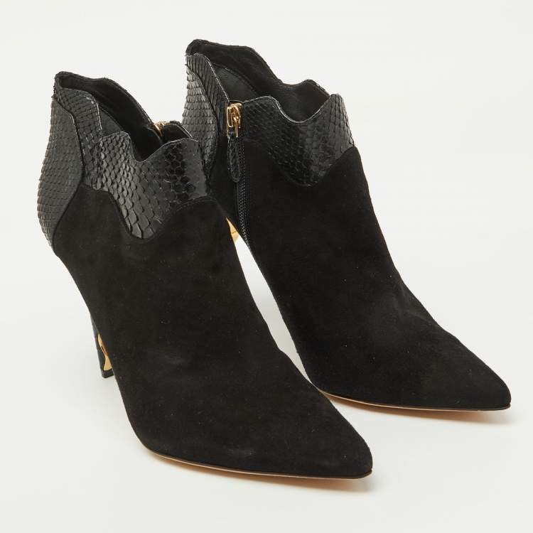 Pre Owned Alexander Birman Black Suede and Python Pointed Toe Ankle Booties Size 41