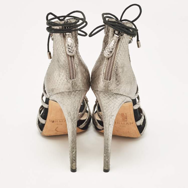 Pre Owned Alexandre Birman Metallic Python Embossed Leather Strappy Ankle Tie Sandals Size 38.5