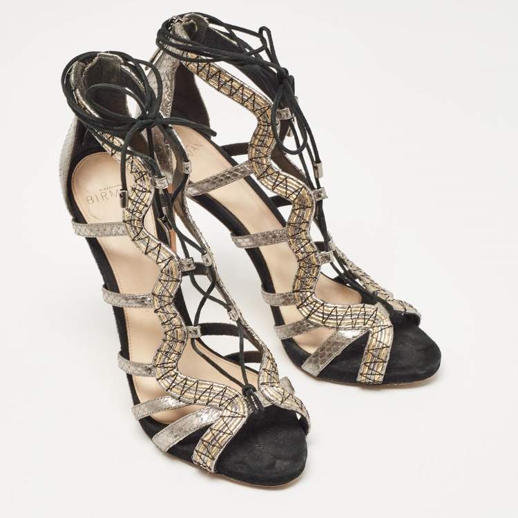 Pre Owned Alexandre Birman Metallic Python Embossed Leather Strappy Ankle Tie Sandals Size 38.5