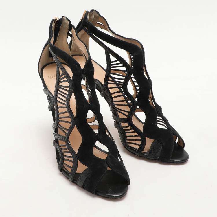 Pre Owned Alexandre Birman Black Python Embossed Leather and Suede Caged Sandals Size 39.5