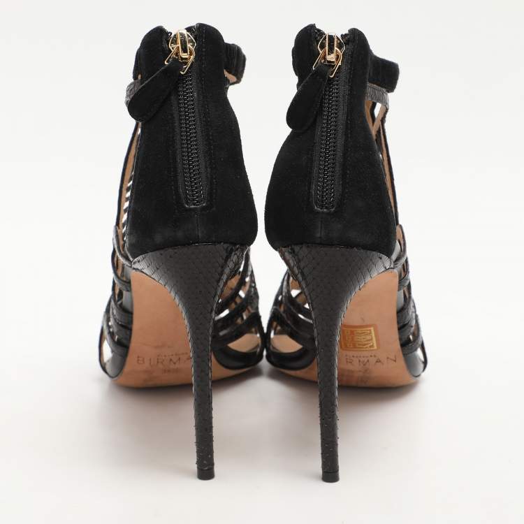 Pre Owned Alexandre Birman Black Python Embossed Leather and Suede Caged Sandals Size 39.5