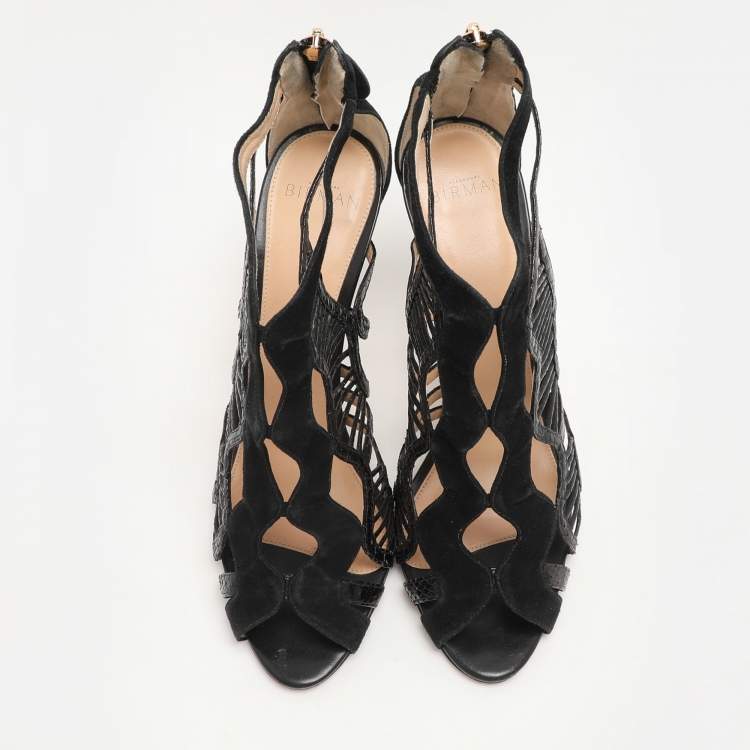 Pre Owned Alexandre Birman Black Python Embossed Leather and Suede Caged Sandals Size 39.5