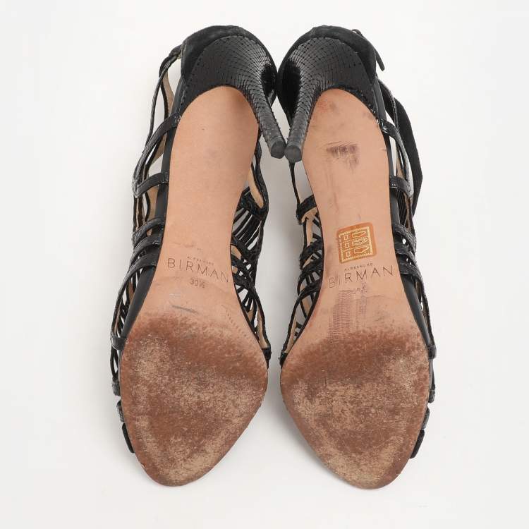 Pre Owned Alexandre Birman Black Python Embossed Leather and Suede Caged Sandals Size 39.5