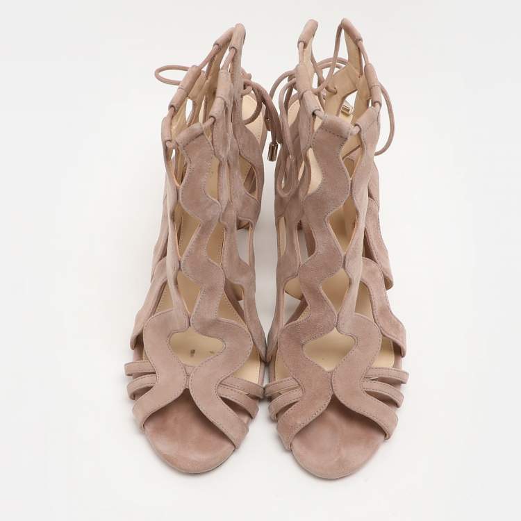 Pre Owned Alexandre Birman Beige Suede Loreta Cage Ankle Wrap Sandals Size 36.5