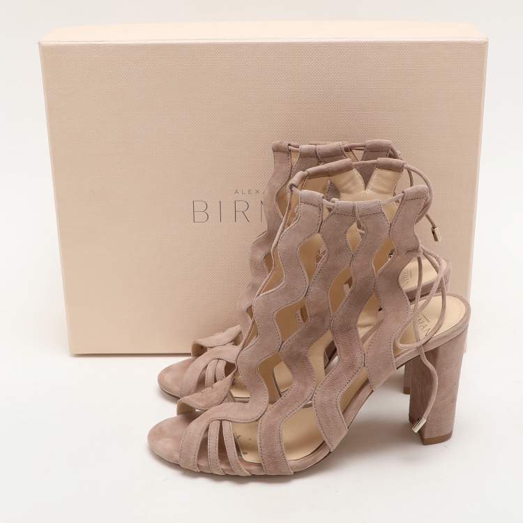 Pre Owned Alexandre Birman Beige Suede Loreta Cage Ankle Wrap Sandals Size 36.5