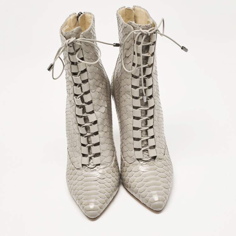 Pre Owned Alexandre Birman Grey Python Leather Ankle Length Boots Size 37.5