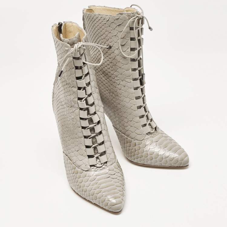 Pre Owned Alexandre Birman Grey Python Leather Ankle Length Boots Size 37.5
