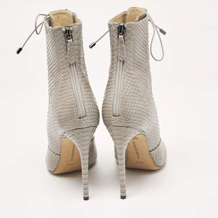 Pre Owned Alexandre Birman Grey Python Leather Ankle Length Boots Size 37.5