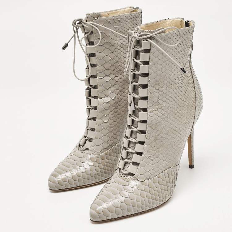 Pre Owned Alexandre Birman Grey Python Leather Ankle Length Boots Size 37.5