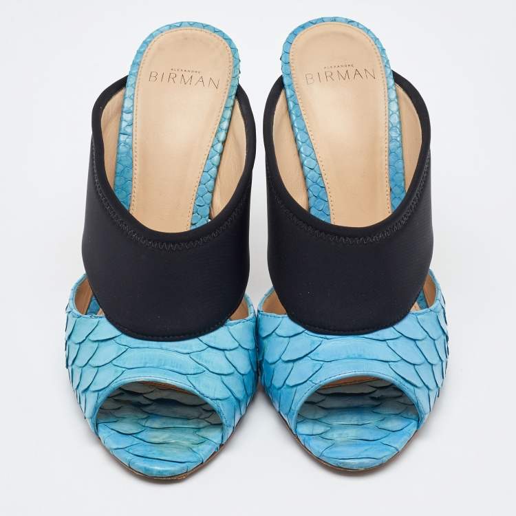 Pre Owned Alexandre Birman Light Blue/Black Python Leather and Neoprene Mules Size 37