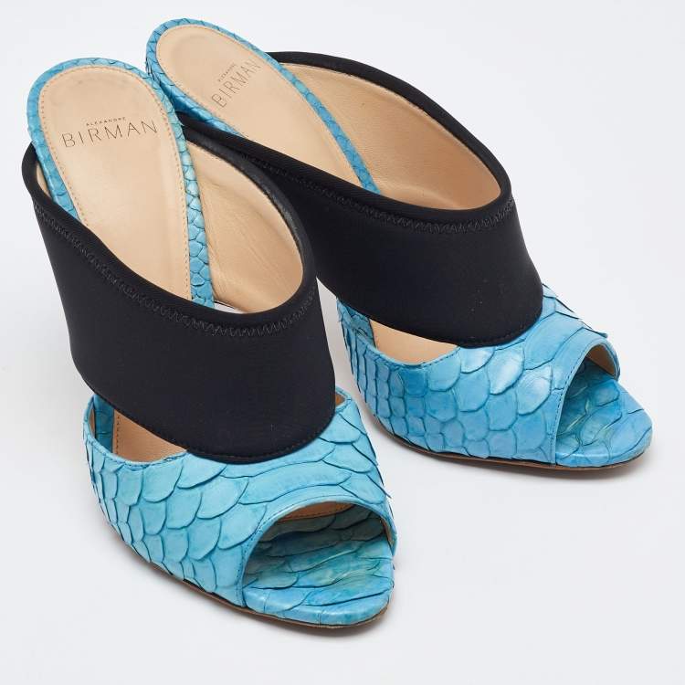 Pre Owned Alexandre Birman Light Blue/Black Python Leather and Neoprene Mules Size 37