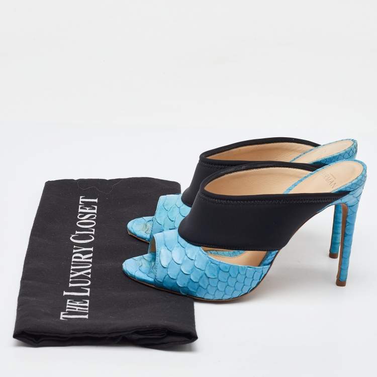 Pre Owned Alexandre Birman Light Blue/Black Python Leather and Neoprene Mules Size 37