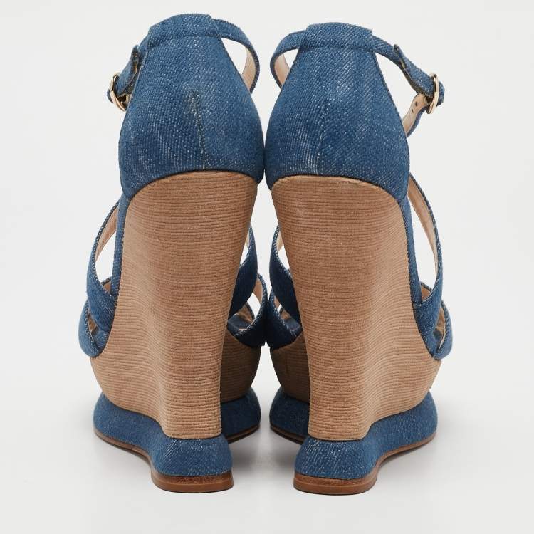 Pre Owned Alexandre Birman Blue Denim Fabric Wedge Sandals Size 37.5