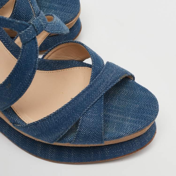 Pre Owned Alexandre Birman Blue Denim Fabric Wedge Sandals Size 37.5