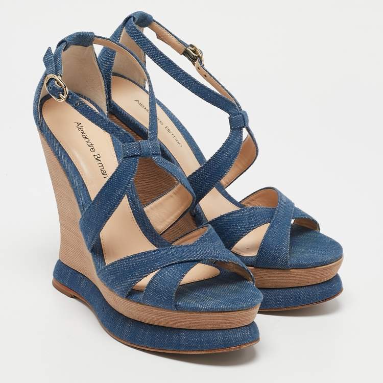 Pre Owned Alexandre Birman Blue Denim Fabric Wedge Sandals Size 37.5