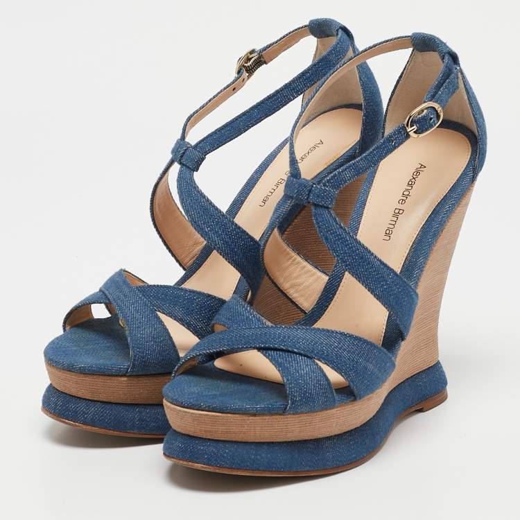 Pre Owned Alexandre Birman Blue Denim Fabric Wedge Sandals Size 37.5