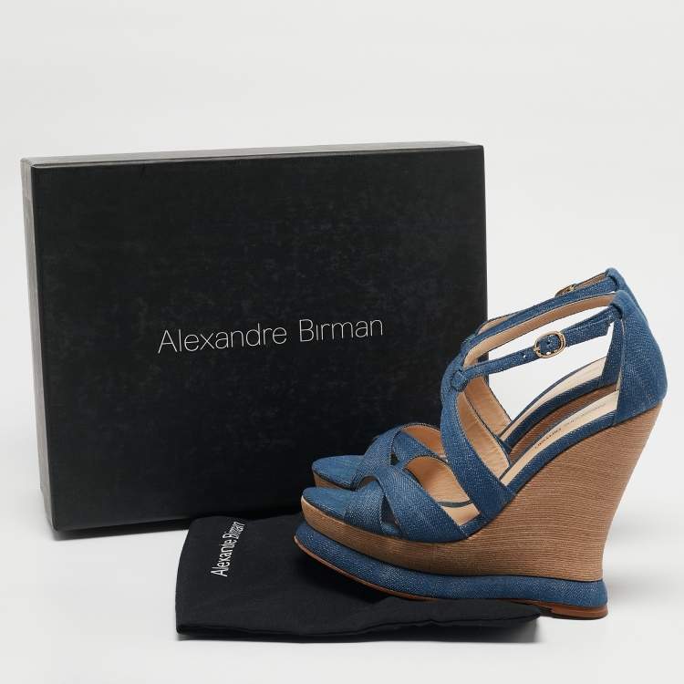 Pre Owned Alexandre Birman Blue Denim Fabric Wedge Sandals Size 37.5