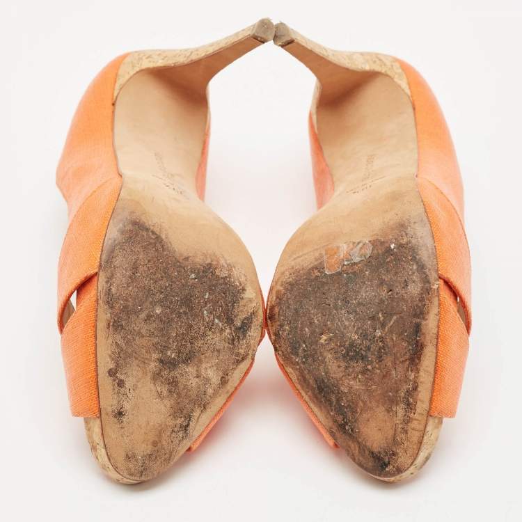 Pre Owned Alexandre Birman Orange Raffia Peep Toe Pumps Size 39.5