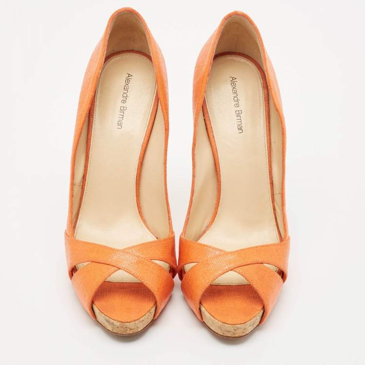 Pre Owned Alexandre Birman Orange Raffia Peep Toe Pumps Size 39.5
