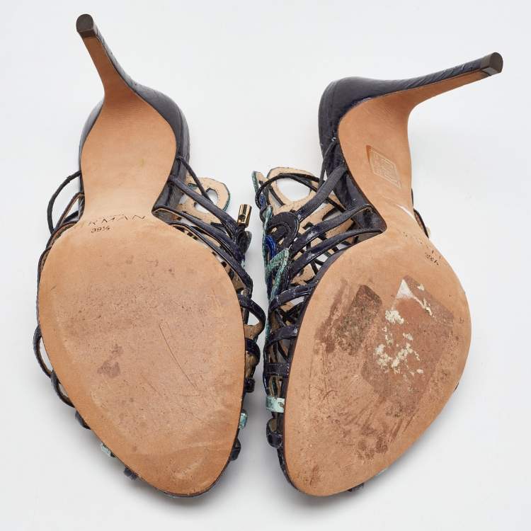 Pre Owned Alexandre Birman Multicolor Snakeskin Caged Ankle Wrap Sandals Size 39.5