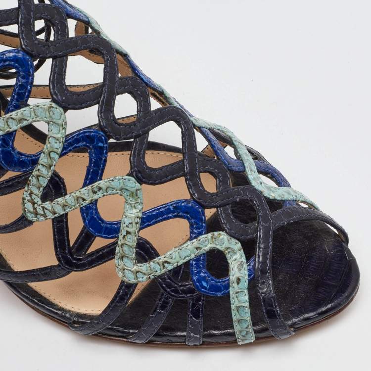 Pre Owned Alexandre Birman Multicolor Snakeskin Caged Ankle Wrap Sandals Size 39.5