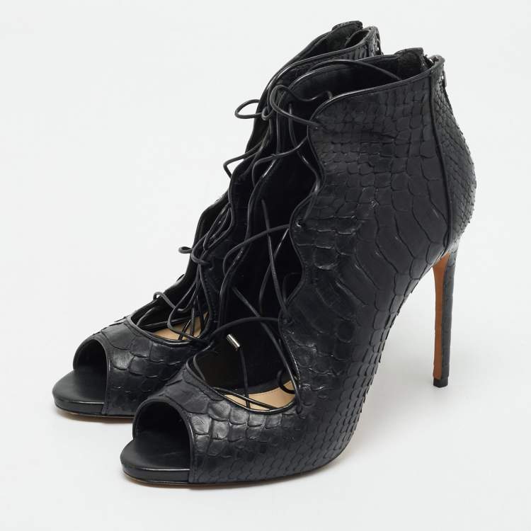 Pre Owned Alexandre Birman Black Python Leather Peep Toe Lace Up Pumps Size 40