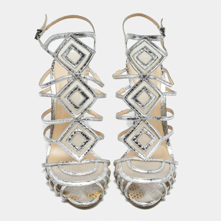 Pre Owned Alexandre Birman Silver Snakeskin Embossed Leather Caged Ankle Wrap Sandals Size 41