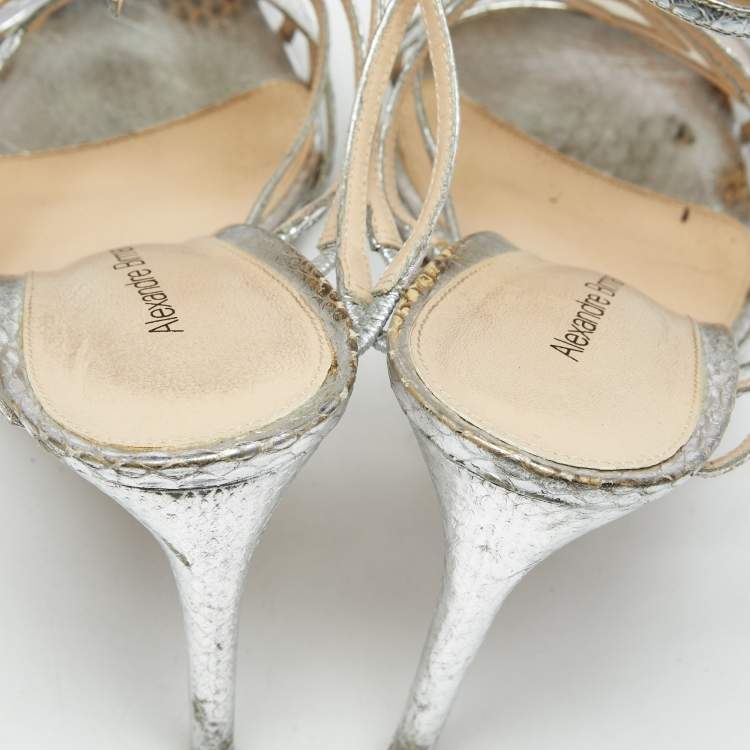 Pre Owned Alexandre Birman Silver Snakeskin Embossed Leather Caged Ankle Wrap Sandals Size 41