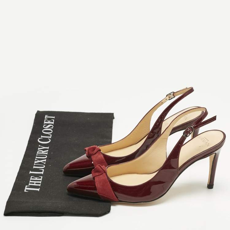 Pre Owned Alexandre Birman Burgundy Patent Leather Bow Slingback Pumps Size 35.5