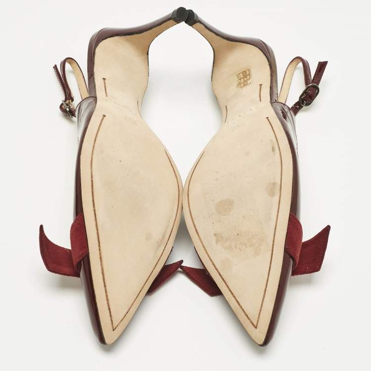 Pre Owned Alexandre Birman Burgundy Patent Leather Bow Slingback Pumps Size 35.5