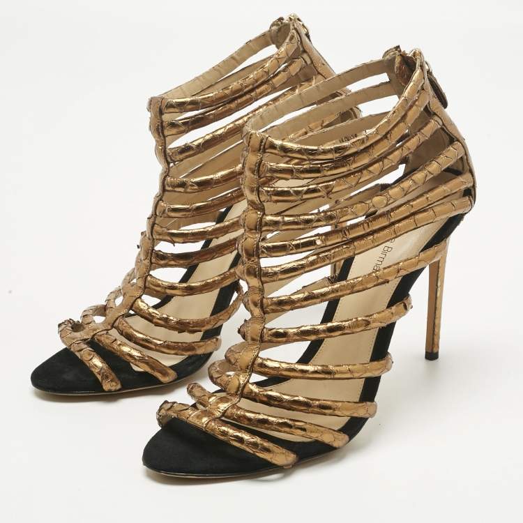 Pre Owned Alexandre Birman Gold Python Embossed Leather Caged Zipper Sandals Size 40