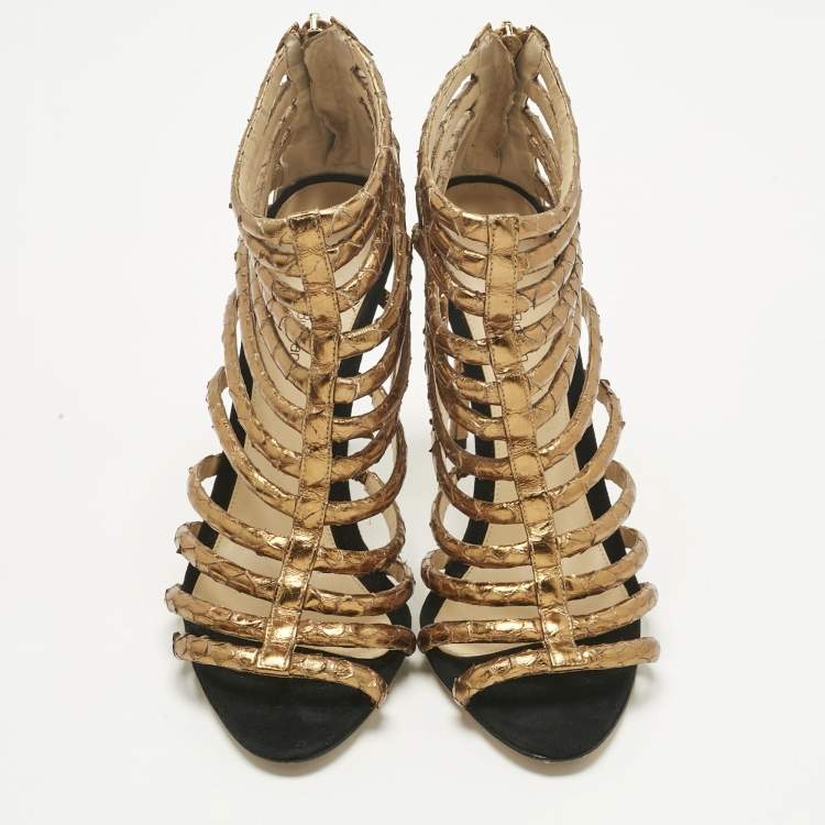 Pre Owned Alexandre Birman Gold Python Embossed Leather Caged Zipper Sandals Size 40