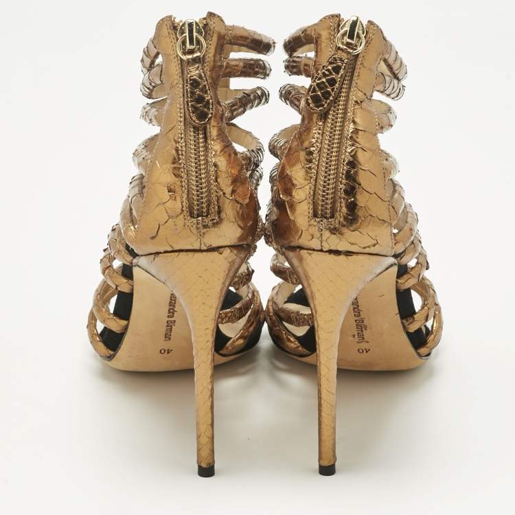 Pre Owned Alexandre Birman Gold Python Embossed Leather Caged Zipper Sandals Size 40