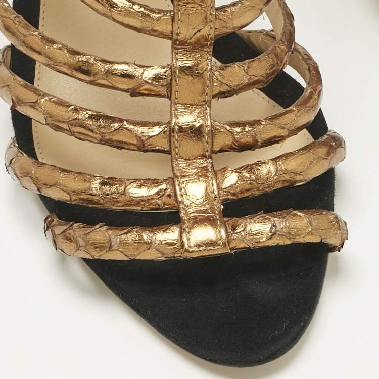 Pre Owned Alexandre Birman Gold Python Embossed Leather Caged Zipper Sandals Size 40