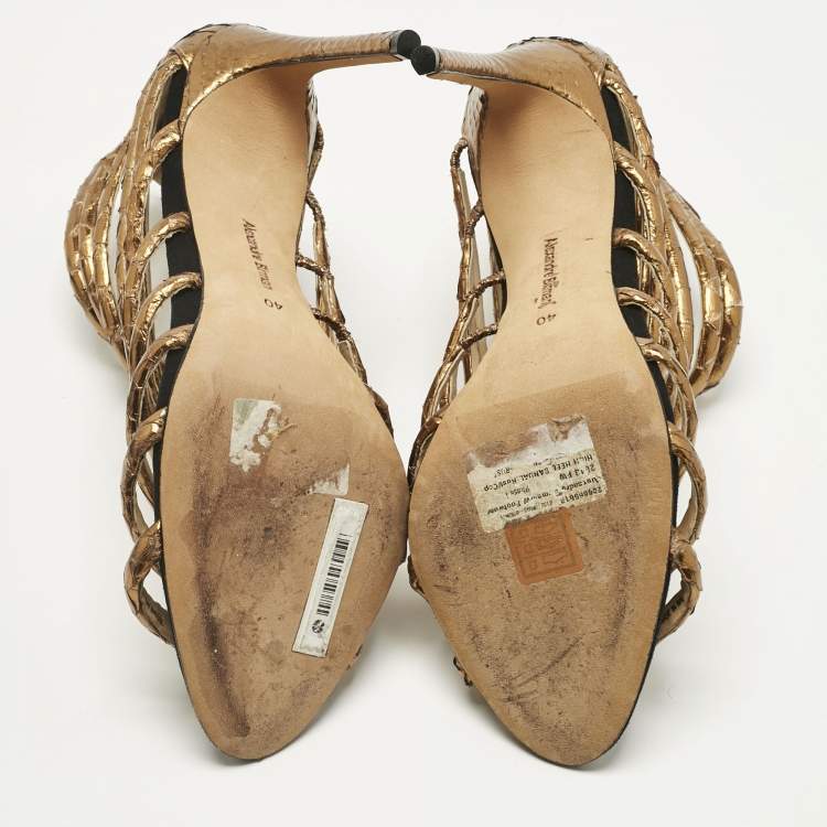 Pre Owned Alexandre Birman Gold Python Embossed Leather Caged Zipper Sandals Size 40