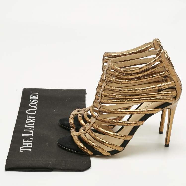 Pre Owned Alexandre Birman Gold Python Embossed Leather Caged Zipper Sandals Size 40