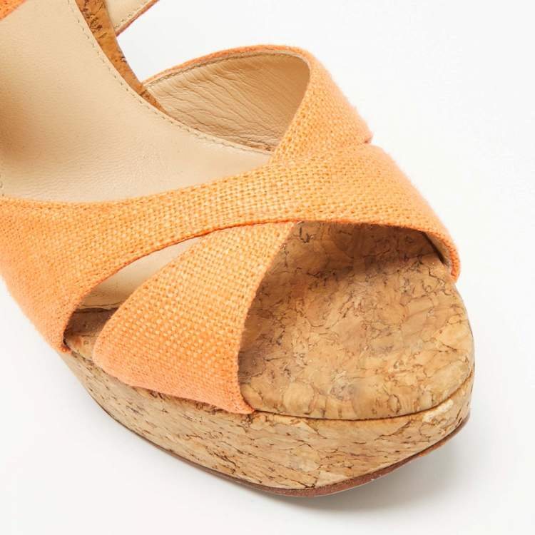 Pre Owned Alexandre Birman Size 37 Orange Canvas Cork Platform Ankle Strap Sandals